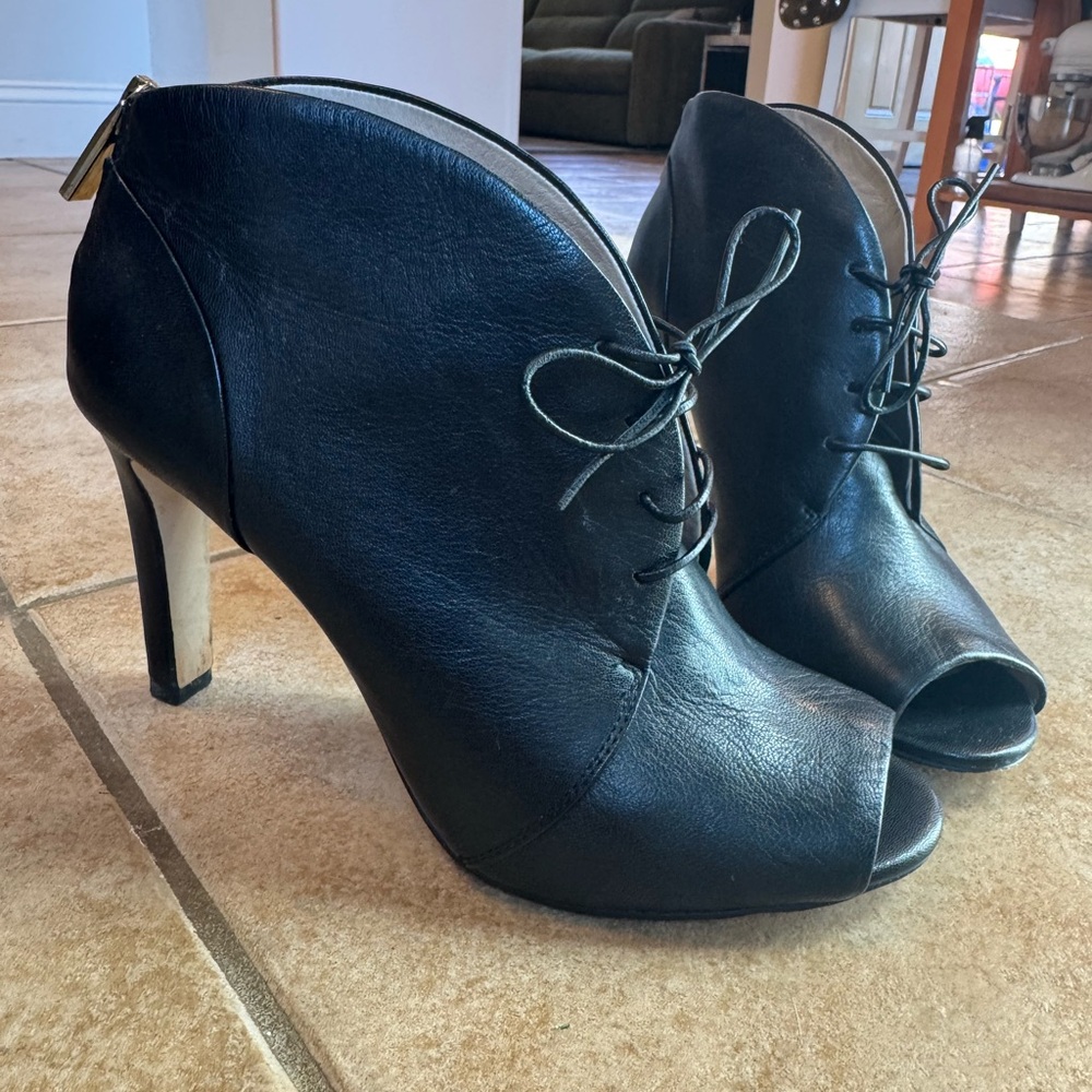 Black Leather Peep-Toe Ankle Boots